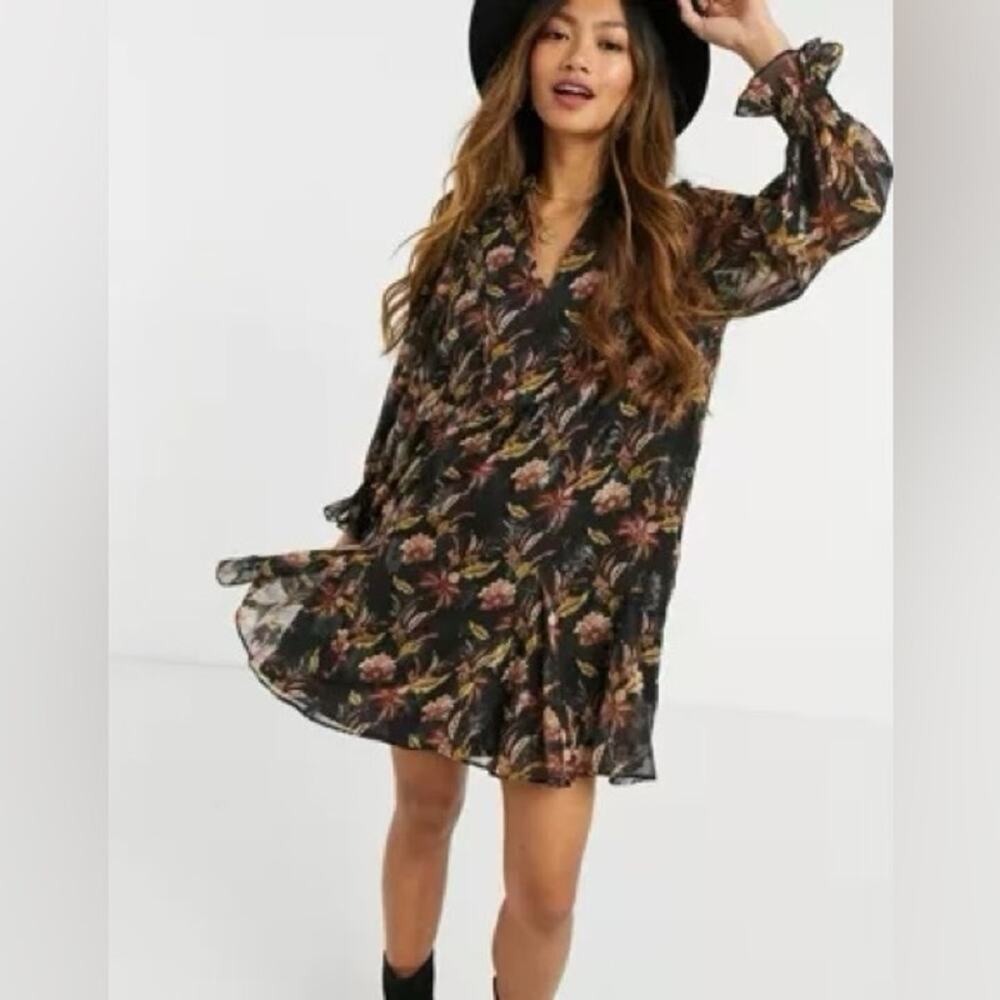 French Connection Desta Lame Dress S Black Floral Metallic Swing NWT